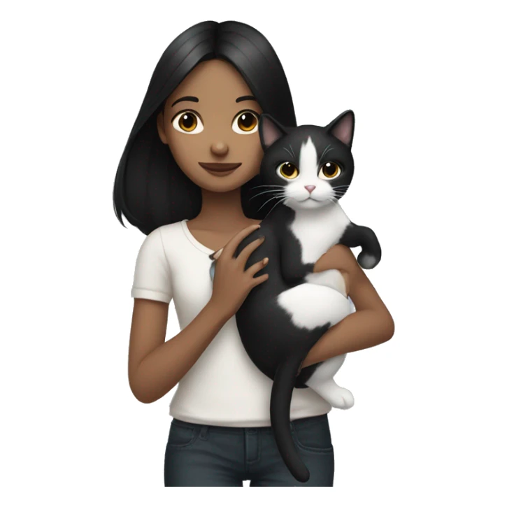 girl with black hair holding a black and white cat sticker