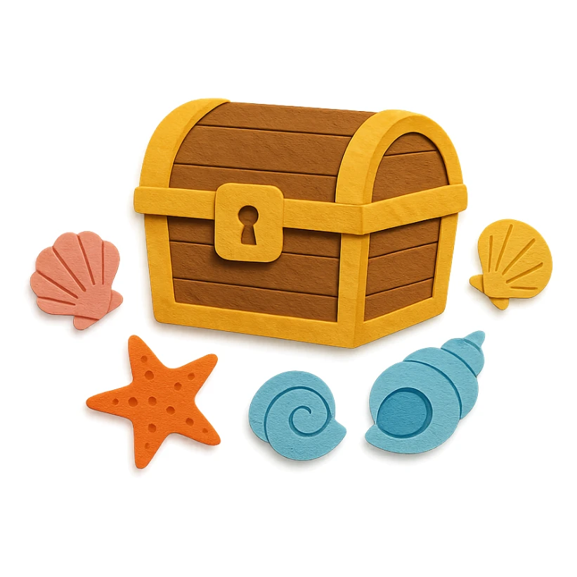 closed treasure chest with a lock, surrounded by seashells and starfish in paper-craft style sticker