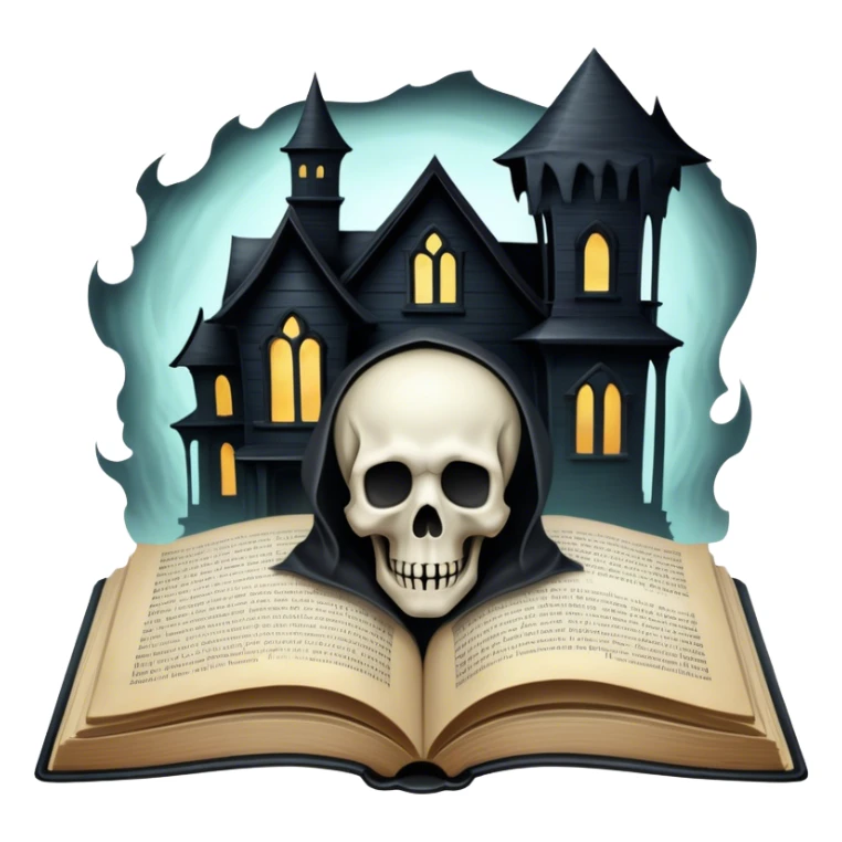 Icon for Horror and Mystery Reading: an open book with eerie, dark pages, a haunted house silhouette, a ghostly figure, and a skull. The icon should capture the suspense, fear, and mystery of horror and supernatural stories. Transparent background. sticker