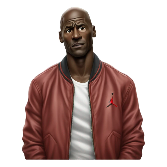 Michael Jordan in a jacket holds his head and is sad photorealistic serious sticker
