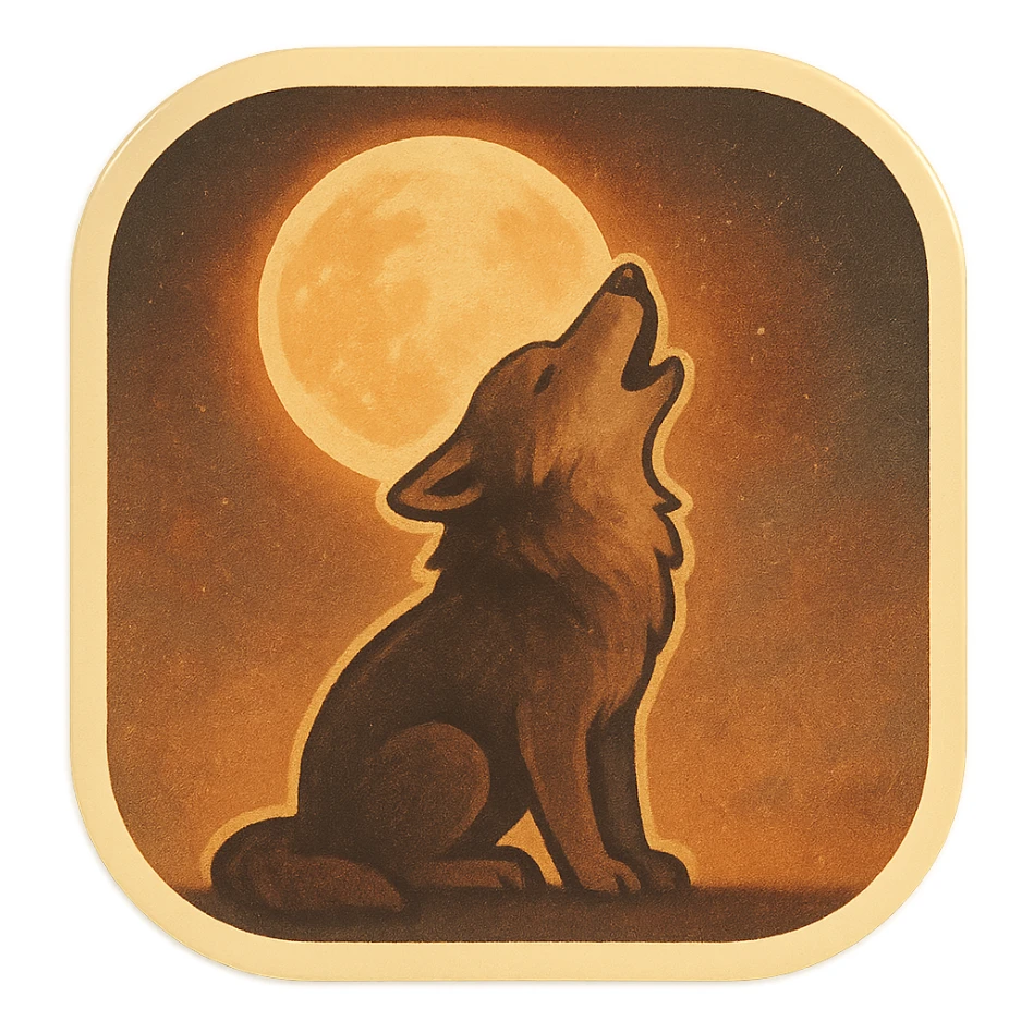 animated howling wolf under a glowing full moon, retro vintage style, cozy acoustic aesthetic, warm muted colors, subtle grain, soft lines, 112x112px, smooth loop, nostalgic analog mood sticker