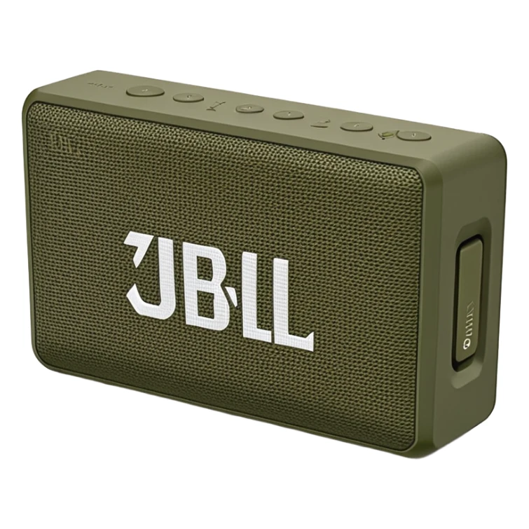 Military green JBL Go 4 portable speaker, compact size, with visible buttons and fabric speaker mesh, khaki colored electronic device sticker