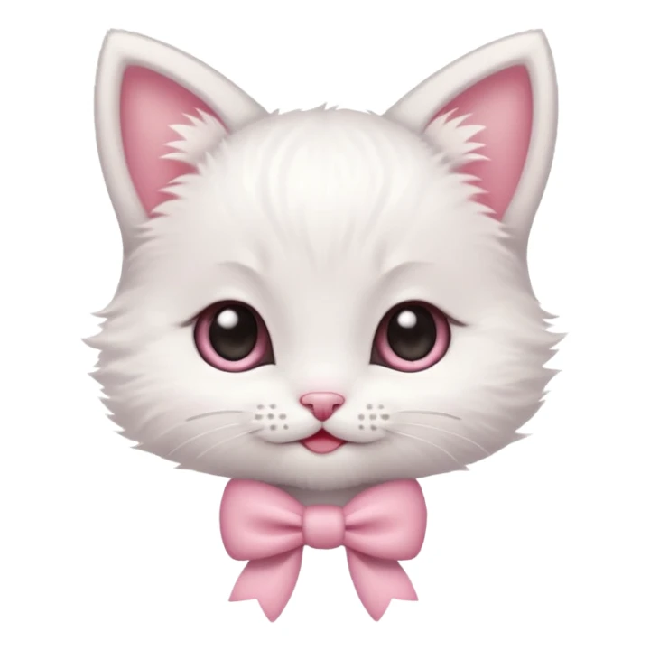 A tiny white kitten with innocent eyes, rosy pink cheeks, and an adorable smile, sporting a dainty pink bow on its head sticker