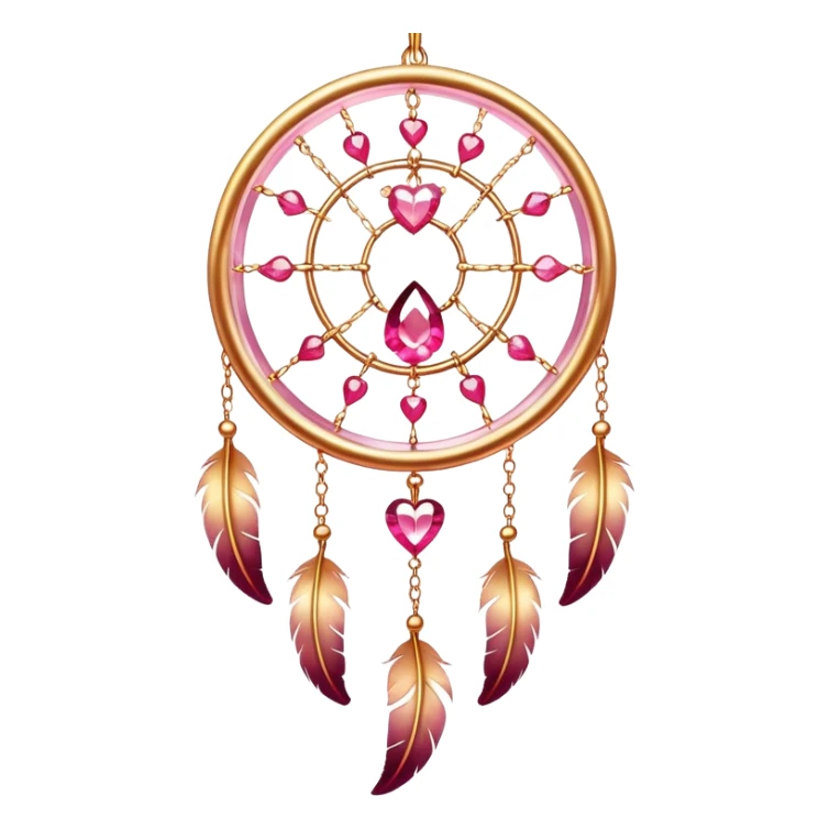 Reddish-pinkish and golden warm-colored romantic lush beautiful pretty hanging crystal-catcher aesthetic with hearts and sparkles and feathers sticker