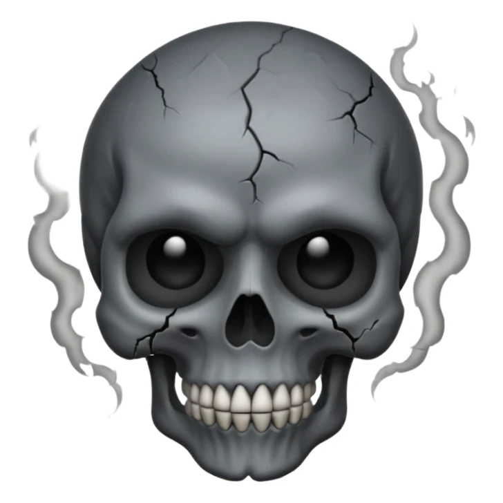 iOS style emoji, dark fantasy skull, cracks, black smoke from eyes, soft light, stylized sticker