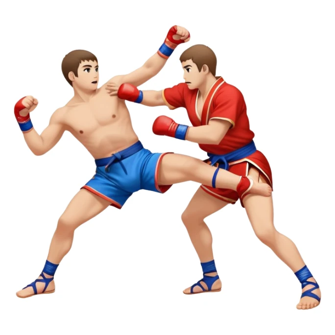 An icon symbolizing Sambo, featuring two fighters in blue and red kimonos with shorts and wrestling shoes. One executes a powerful throw, while the other attempts a defensive grab. The fighters are engaged in a grapple, using joint locks and sweeps.  sticker