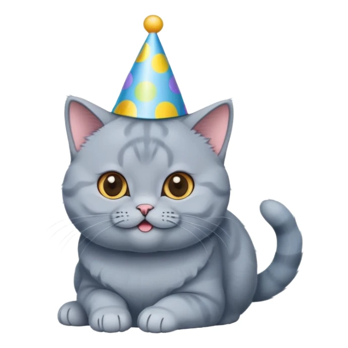 British shorthair blue cat happily wears a birthday hat sticker