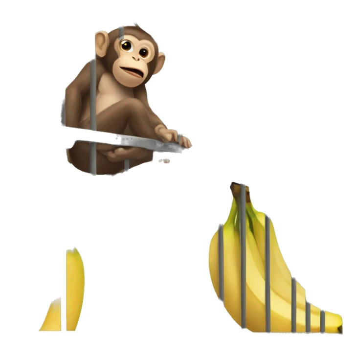 The monkey's outside. Banana inside the cage.  Monkey trying to get the banana out of the cage sticker