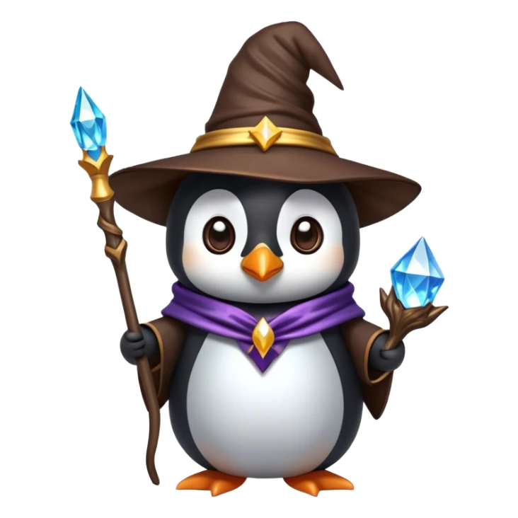 cute penguin dressed up as a wizard holding a staff that has a crystal on it sticker