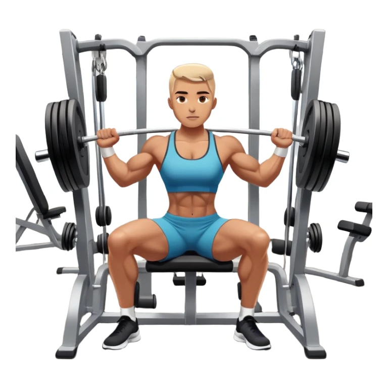 A focused athlete working out on a strength training machine in a modern gym. Muscles engaged, expression determined, demonstrating power and endurance. The gym is filled with equipment like dumbbells, barbells, and mirrors reflecting effort, creating a high-energy atmosphere. sticker