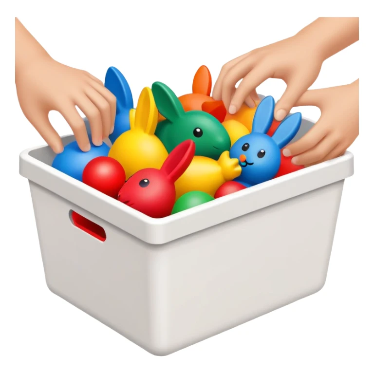 hands placing colorful toys into a storage bin, simple and friendly sticker