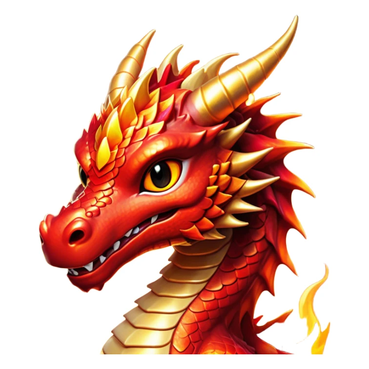 Cinematic Cute Fierce Fire Dragon Portrait Emoji, Head tilted playfully and inquisitively, showcasing a robust, flame-embellished form with intricately detailed scales in vibrant reds and glistening golds, accented by flickering ember highlights and a warm, inviting glow; rendered with lifelike detail and radiant natural light, high shine, spirited yet endearing, styled with a touch of blazing whimsy, soft glowing outline, capturing the essence of a mischievous yet charming inferno that seems ready to dance with playful fire! sticker