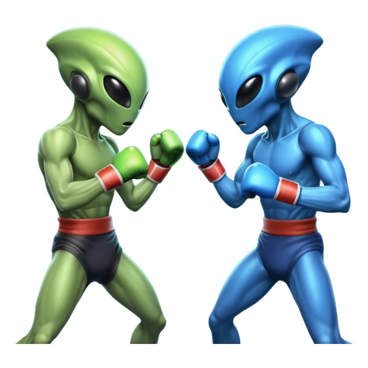 two alien fighters boxing, mid-punch action, motion blur effect, glowing energy impact, dramatic lighting, 3D cartoon, mobile game icon style, clean background, no text, no watermark
 sticker