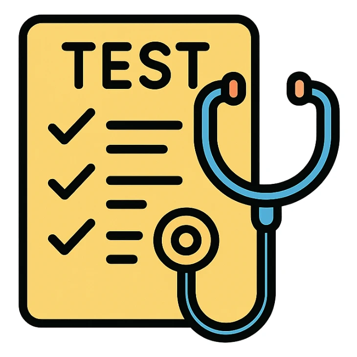 icon of a test paper with a stethoscope, color outline style sticker
