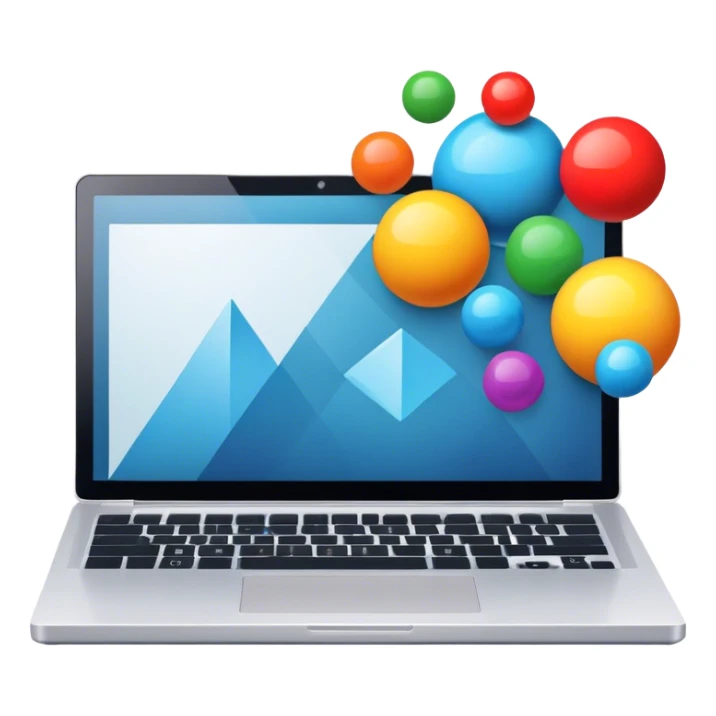 Professional icon for Graphic Design: a laptop with Photoshop open on the screen, displaying geometric shapes like spheres, cubes, and pyramids, along with a stylus. The icon should reflect the creative process in graphic design. Transparent background. sticker