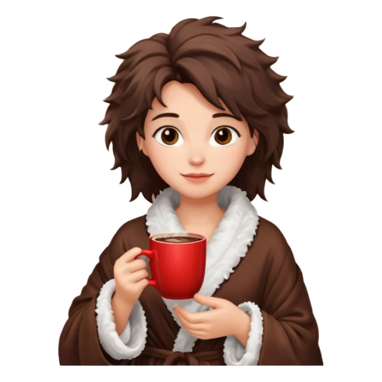 {
      "type": "human",
      "look": "fluffy robe woman, messy hair, holding cup of cocoa",
    } sticker