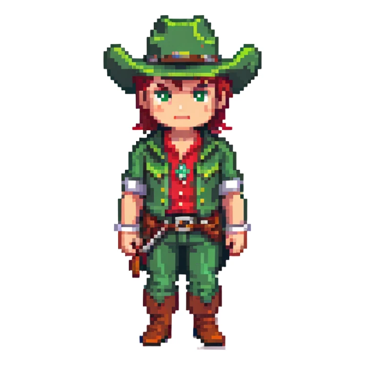 Cowboy character with green outfit and hat, western style sticker