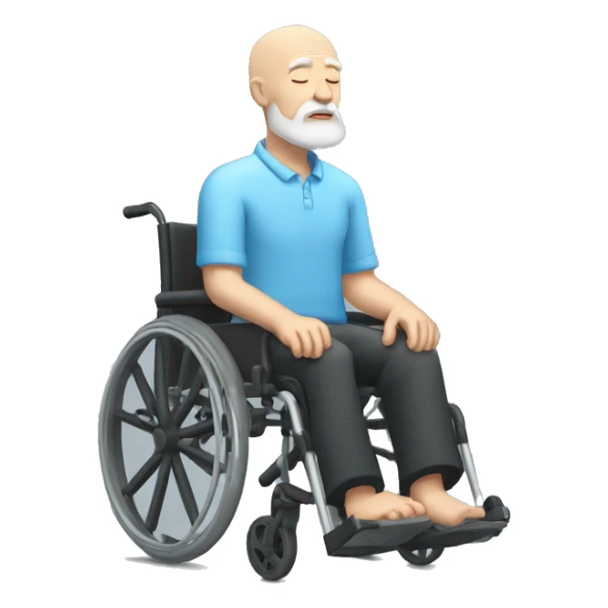 a sleeping bald old man with white beard, black shorts, light-blue shirt, on a wheelchair sticker