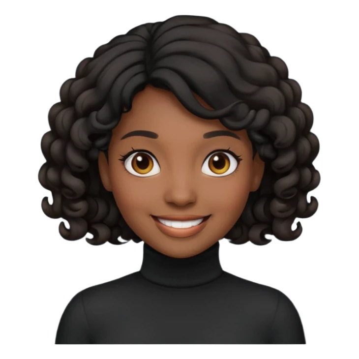 Create a custom emoji-style character inspired by a smiling black woman with curled black hair, dark skin tone, dark eyes, and wearing a turtleneck.  sticker