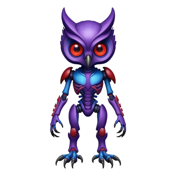 Owl xenomorph hybrid front facing full body dark purple and blue and red sticker