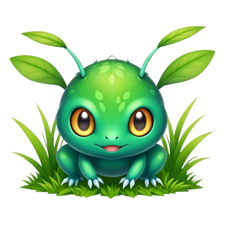 Elemental animesque cute chibi bug-grass-type magical colorful exotic animesque Pokémon-Fakémon-animal-creature with big adorable anime eyes sticker
