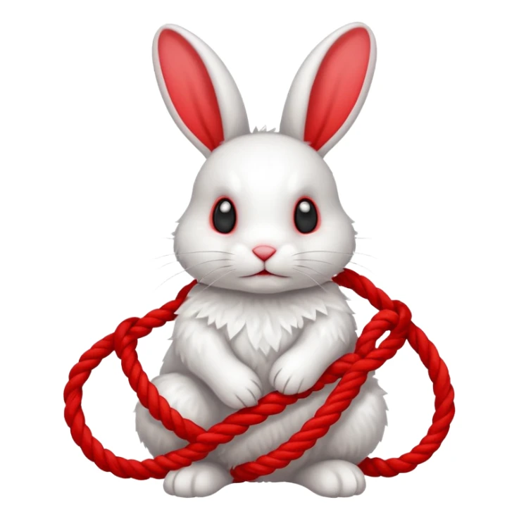 White realistic bunny with red ropes tangled tightly around sticker