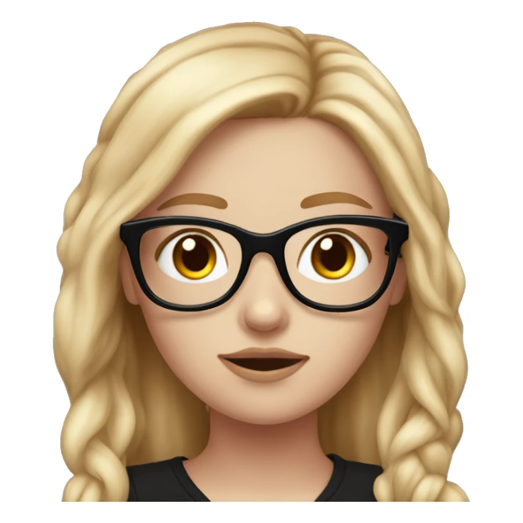 Hyperrealistic white girl with long blush hair with black glasses on, she is wearing a bla sticker