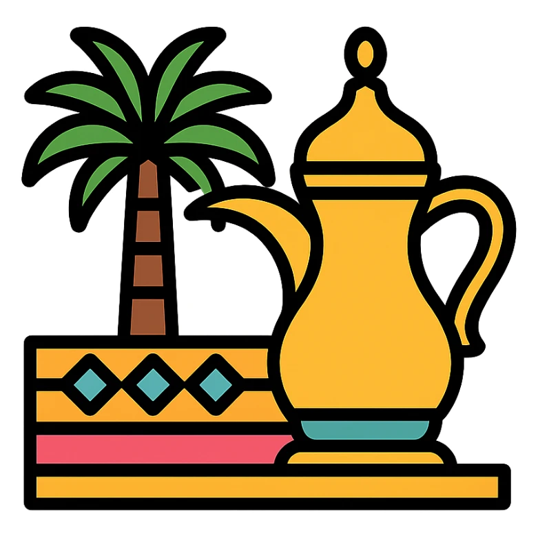 icon representing Saudi culture with traditional elements such as palm trees, coffee pot (dallah), and geometric patterns, modern clean style sticker