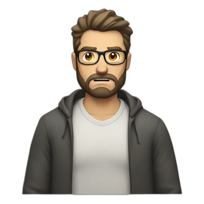 very angry white man with beard, medium lenght dark hair and glasses sticker