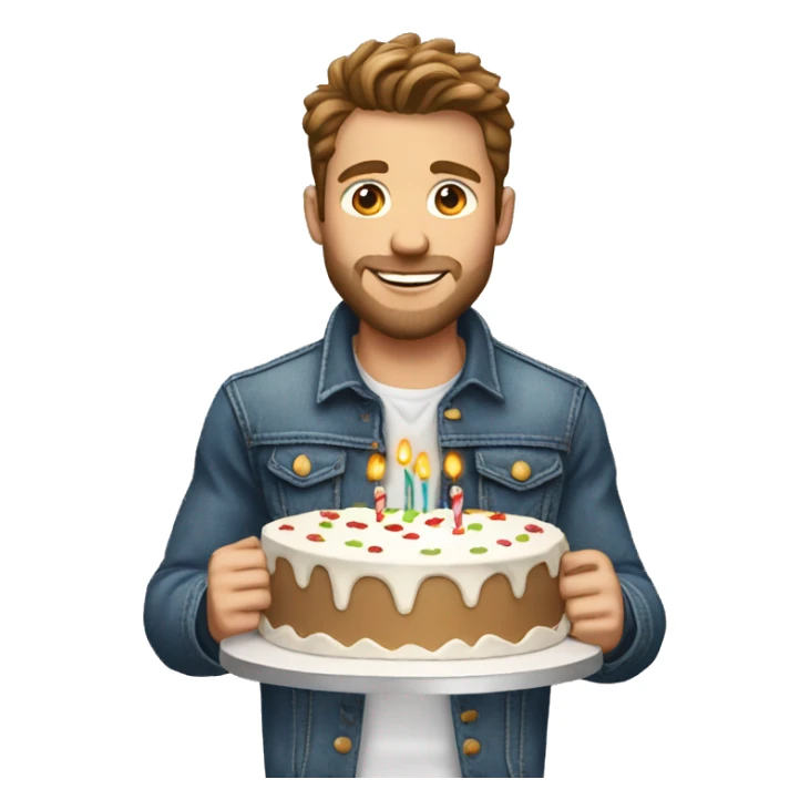 White man brown hair jeans jacket with birthday cake sticker