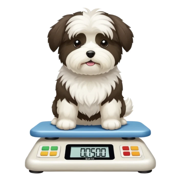 White havanese dog stepping on a scale that reads “:( fat :(“ sticker
