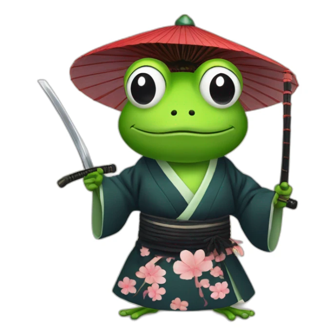 frog with a Japanese hat and a kimono holding a katana sticker