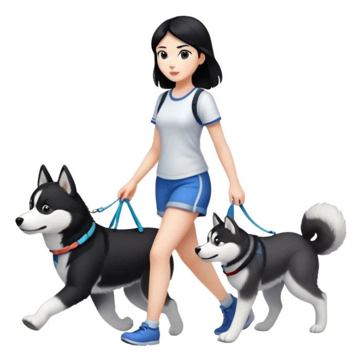A black-haired girl walking a black and white husky sticker