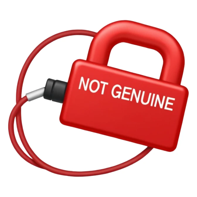 a red slash over a cable with with the text "NOT GENUINE" sticker