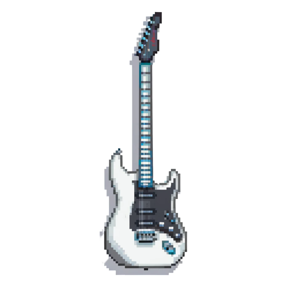White electric guitar with sleek shiny body, black strings, and smooth neck sticker