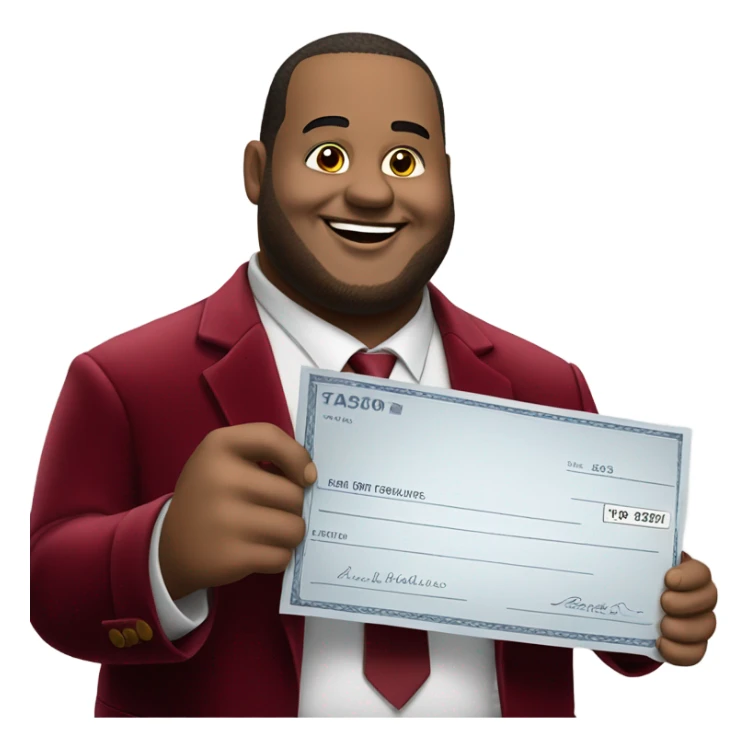 fat guy in dark red velvet suit holding cheque sticker