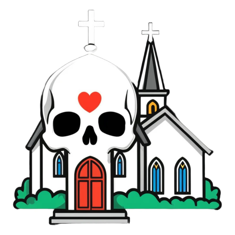 heart, skull, and church together sticker