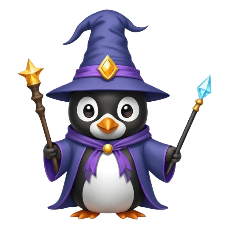 penguin wearing wizard hat and robe holding magic wand sticker