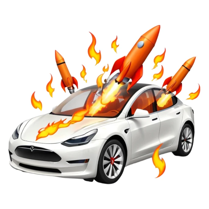 Tesla model 3 white. Two rockets mounted on roof flame backwards sticker