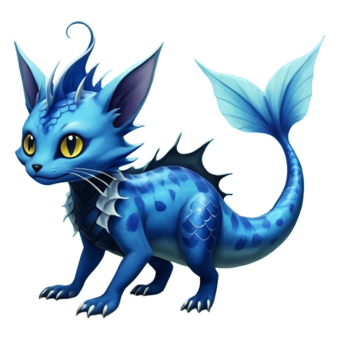 Epic complex abyssal fantasy swampy glorious detailed dark dusky gloomy deep gothic gloomy cobalt-blue-abyss-blue-black-greyish, realistic Fakémon-Sprigatito-Floragato-Meowscarada-Vaporeon-Salandit-Trico-Sergal-Serval-Vernid-creature (full body) with mermaid-ears, tail fin, shiny sparkly, iridescent sticker