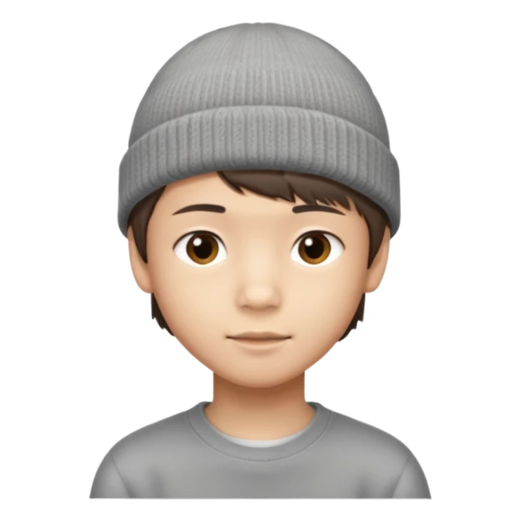 Asian boy, 14, short brown hair, side bangs, grey beanie sticker