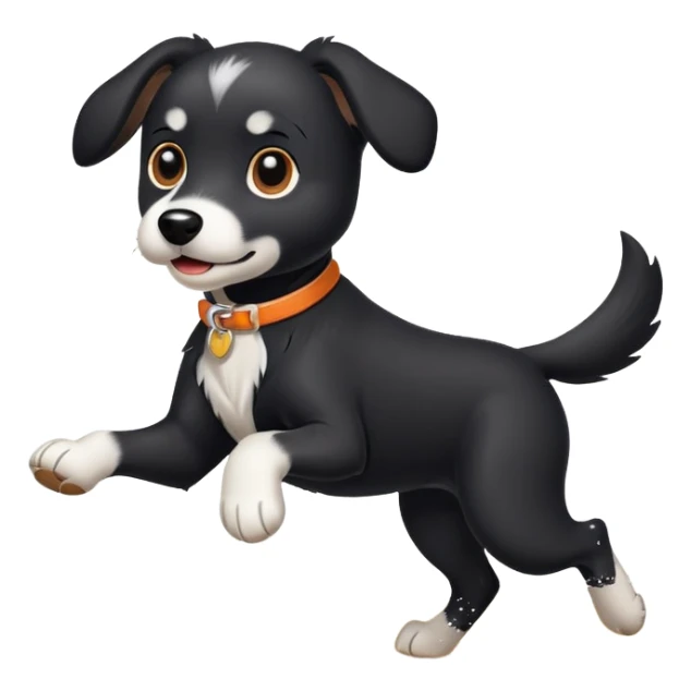 Black dog running on the beach with white paws and white chest sticker