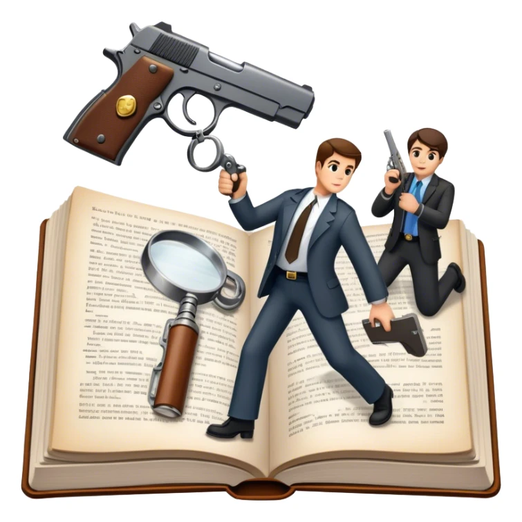 Icon for Action & Crime Reading: an open book with action-packed scenes on the pages, including detectives, chase scenes, and suspenseful moments. Add a gun, handcuffs, and a magnifying glass, while keeping the book as the main focus. Transparent background. sticker