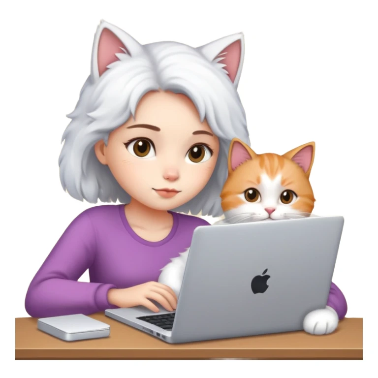 A girl is working hard on a laptop with a cat next to it sticker