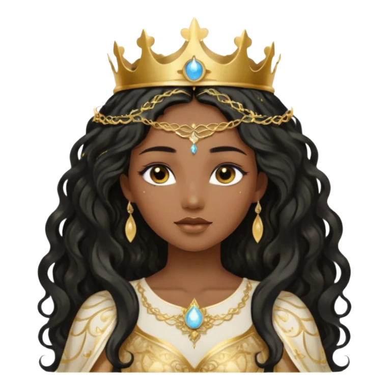a black beautiful angel with gold pattern on her face and and long wavy black hair, she wears a ethereal crown with sparkling strings and a beautiful sparkling golden gown with moon crest in the middle of the gown, her face calm, gentle and kind, magical aura around her sticker