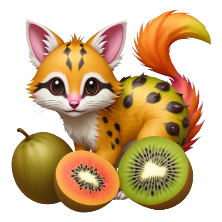Hyper realistic  tropical fruit-splash fur of kiwi-lime, papaya-orange, and dragonfruit-pink chaos beautiful elegant pretty precious cute  Fakémon-Pokémon-opossum-feline-serval-caracal-chinchilla-Furret-Minccino-hybrid-creature with a big fluffy bushy tail (full body) sticker