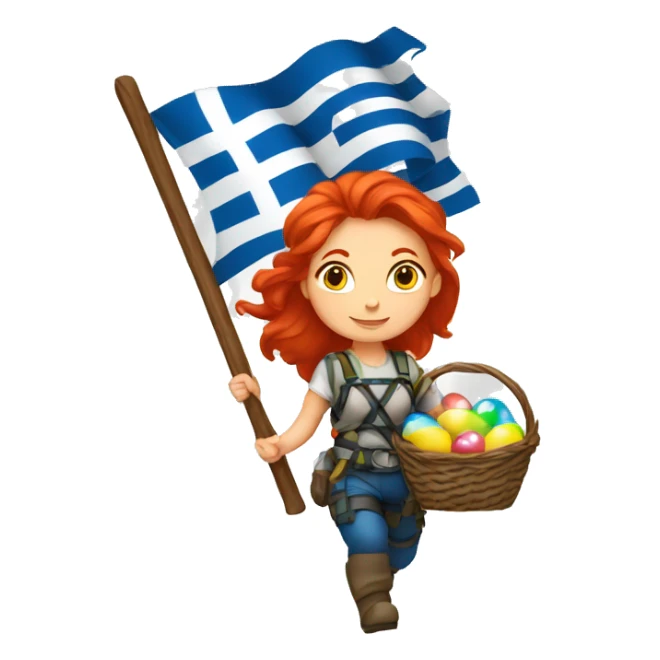 Female mountaineer red hair climbing with Greek flag and holding Easter eggs basket sticker