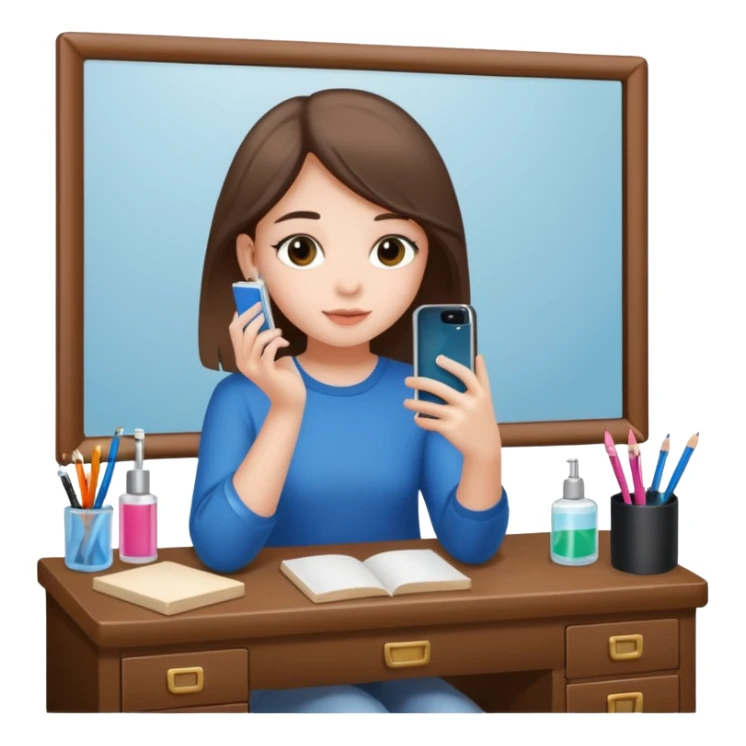 Girl sitting at vanity taking out picture with iphone 15 plus and study materials on the vanity sticker