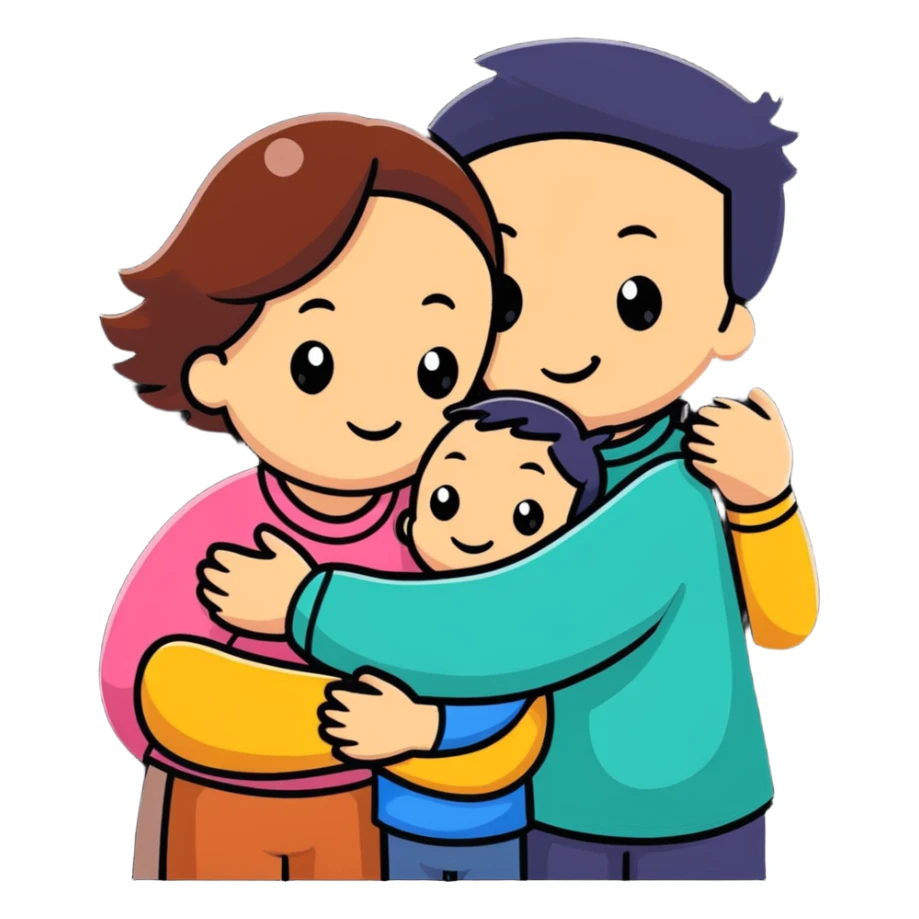 happy family hugging, cartoon style sticker