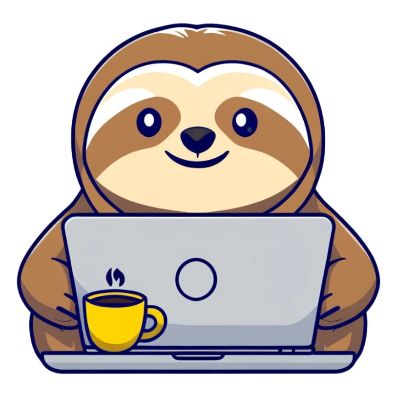 Elderly sloth boss in cartoon style, hand-drawn, muted warm tones. Office clothes, often with coffee or laptop. Ukrainian text, readable in dark mode. sticker